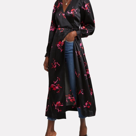 GANNI Women's Black Floral Print Satin Wrap Dress - Picture 6 of 8